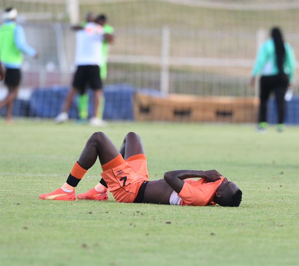 POLOKWANE, SOUTH AFRICA - MARCH 15: Thabang Matuludi of Polokwane City reacts after losing a match during the Motsepe Foundation Championship match between Polokwane City and Casric Stars at Old Peter Mokaba Stadium on March 15, 2023 in Polokwane, South Africa. (Photo by Philip Maeta/Gallo Images)