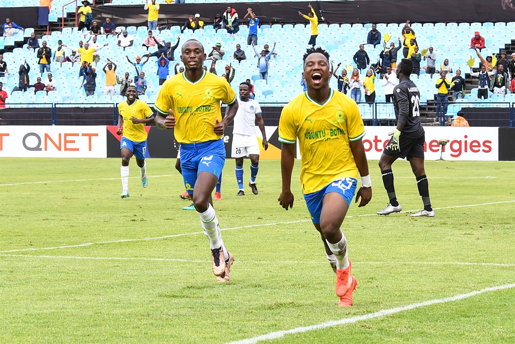 Peter Shalulile, Cassius Mailula of Mamelodi Sundowns celebrates during the CAF Champions League match between Mamelodi Sundowns and Al-Hilal at Loftus Stadium on February 11, 2023 in Pretoria, South Africa.