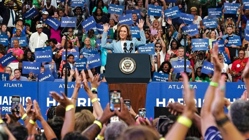 US Vice President and 2024 Democratic presidential candidate Kamala Harris gestures as she speaks at a campaign event in Atlanta, Georgia. (Elijah Nouvelage/AFP)