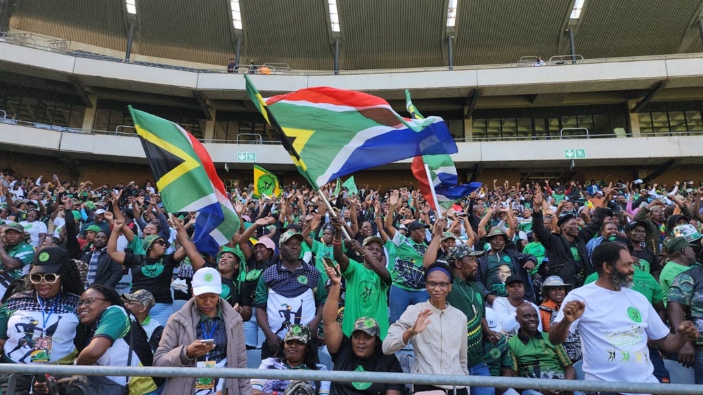 Members of the uMkhonto weSizwe Party fill the lower stands of Soweto's Orlando Stadium on Saturday. (Amanda Khoza/News24)