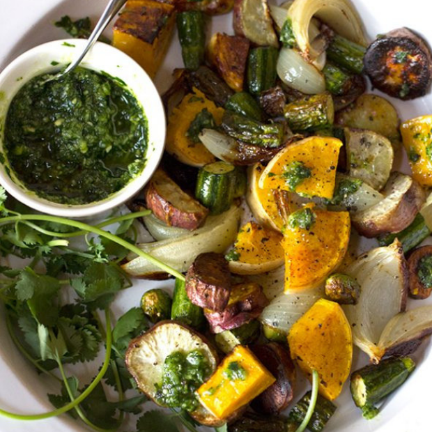 Grilled vegetables with coriander pesto
