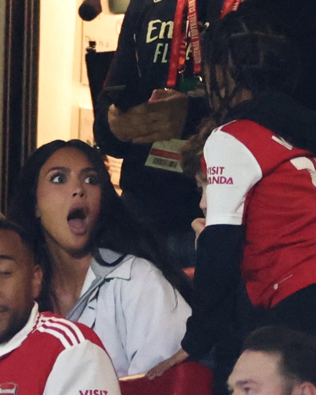 Kim Kardashian spotted at the Arsenal vs Sporting Lisbon game with her son Saint.