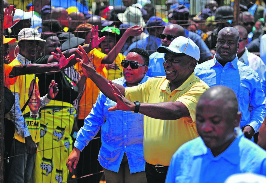 President Cyril Ramaphosa greets the crowd at Rustenburg’s showgrounds for the ANC’s manifesto rally in the North West Picture: Tebogo Letsie