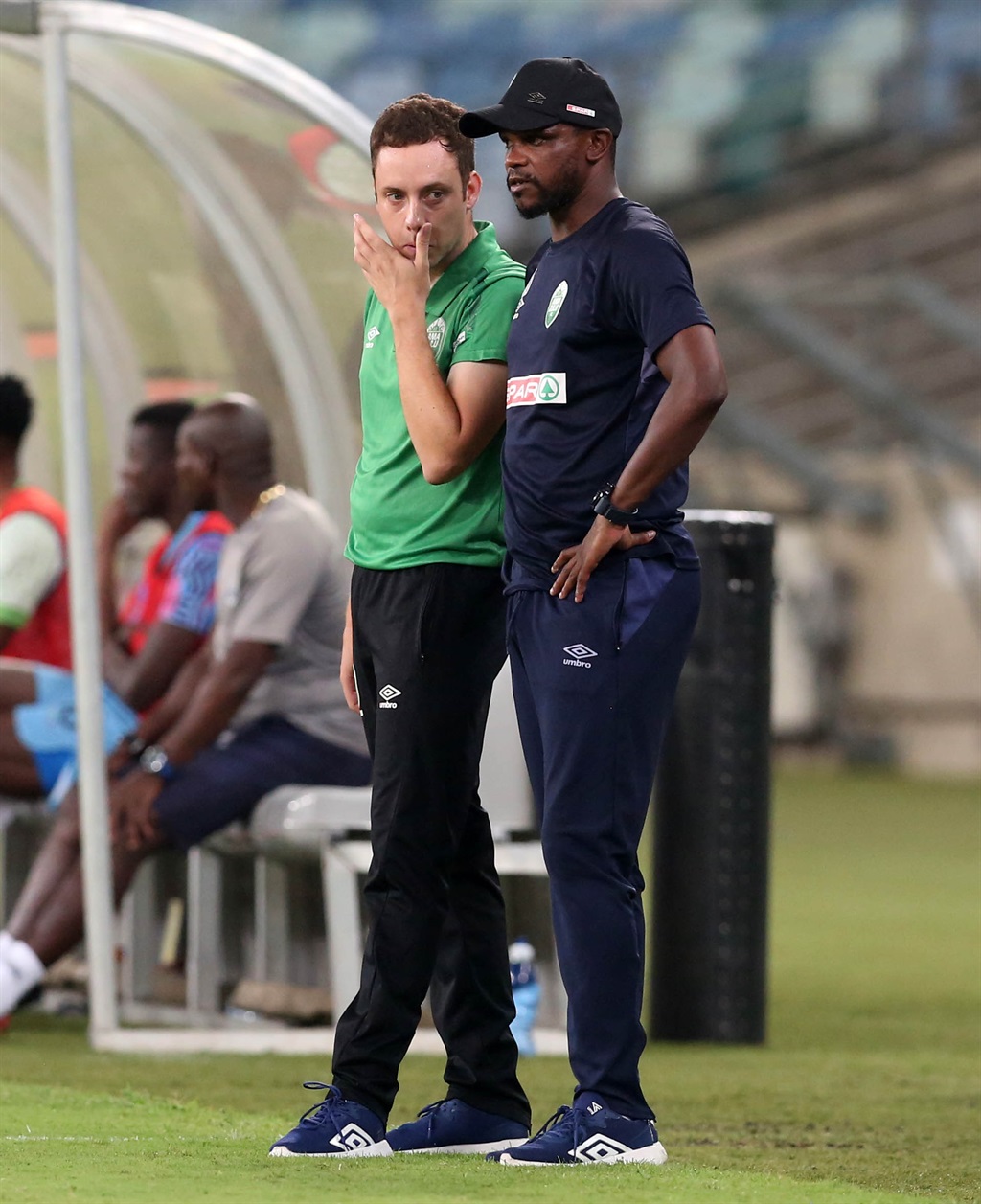 Romain Folz, coach of AmaZulu, and Ayanda Dlamini, assistant coach of AmaZulu during the DStv Premiership 2022/23 match between AmaZulu and Marumo Gallants at Moses Mabhida Stadium in Durban on 21 January 2023 