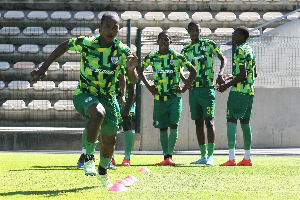 Baroka FC players warm up during the Motsepe Foundation Championship 2022/23 match between Cape Town Spurs and Baroka FC held at Athlone Stadium in Cape Town on 14 March 2023