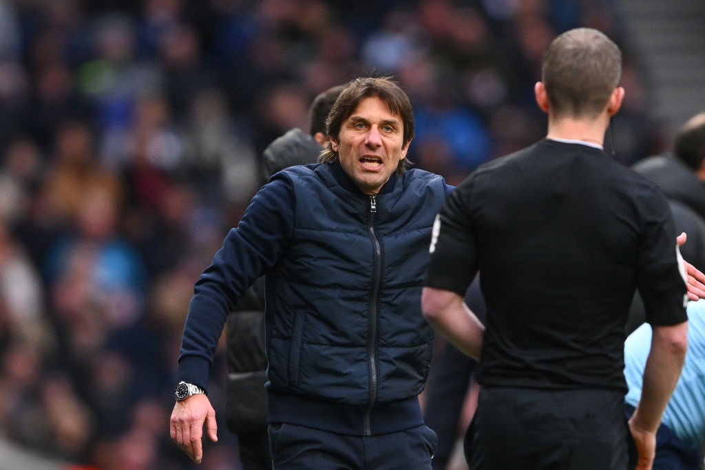 Antonio Conte, manager of Tottenham Hotspur approaches the assistant referee during the Premier League match between Tottenham Hotspur and Nottingham Forest at the Tottenham Hotspur Stadium, London on Saturday 11th March 2023. (Photo by Jon Hobley/MI News/NurPhoto via Getty Images)