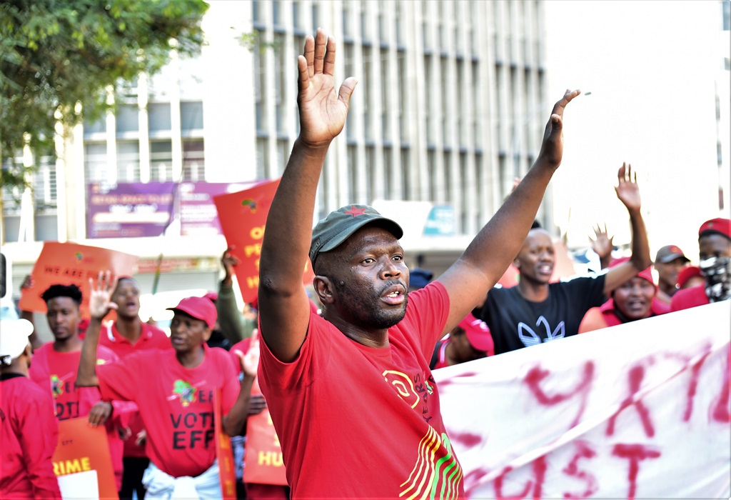 Members of the EFF  gathered in the Joburg CBD on Monday, calling for President Cyril Ramaphosa to step down. Photo by Morapedi Mashashe 