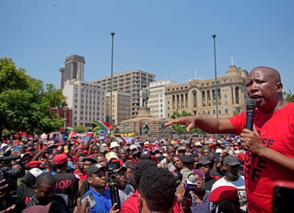 Economic Freedom Fighters president Julius Malema addressing thousands of party members joined by other political parties during a National Shutdown protest in Pretoria. 