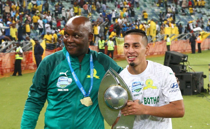 DURBAN, SOUTH AFRICA - DECEMBER 14: Pitso Mosimane and Gaston Sirino (r)  of Mamelodi Sundowns celebrate during the Telkom Knockout 2019 Final match between Maritzburg United and Mamelodi Sundowns at Moses Mabhida Stadium on December 14, 2019 in Durban, South Africa. (Photo by Anesh Debiky/Gallo Images)