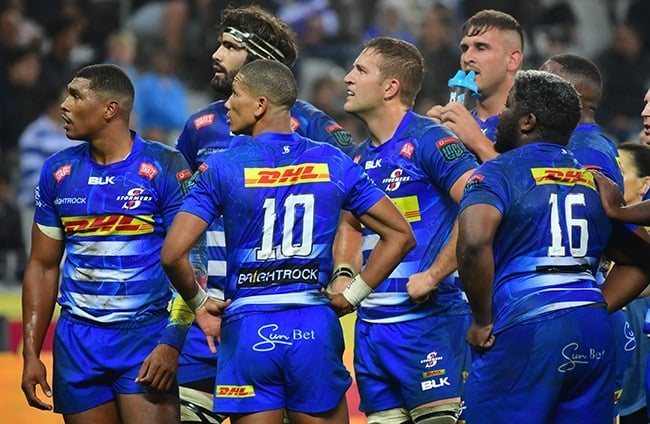 Stormers players await a TMO decision during their URC clash against Ospreys at Cape Town Stadium on 20 April 2024. (Grant Pitcher/Gallo Images)