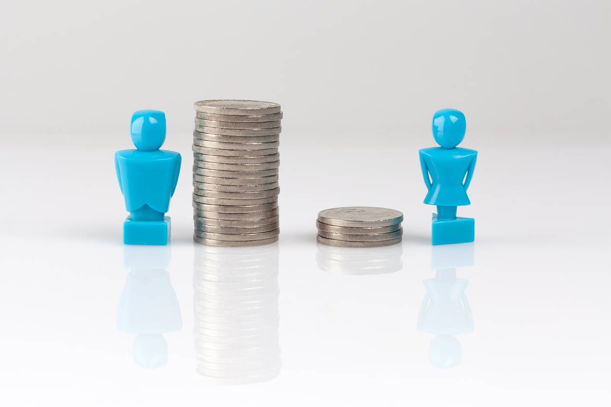 Income inequality concept shown with male and female figurines and piles of coinsPHOTO: 