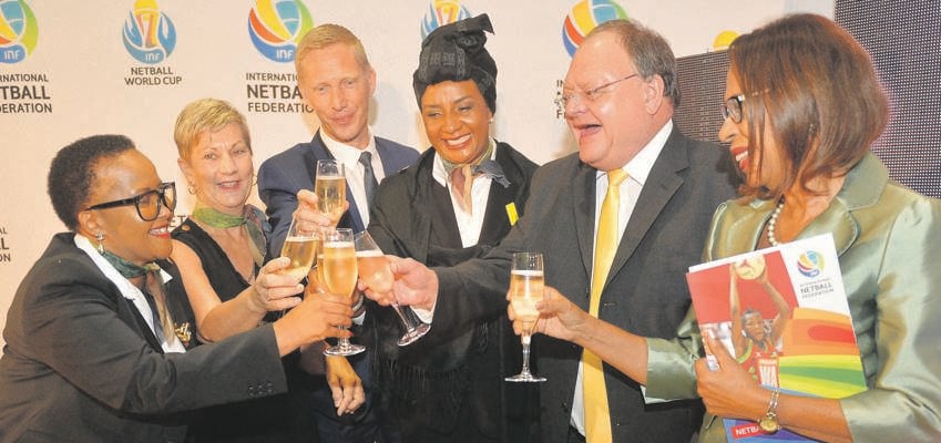 Sports Minister Tokozile Xasa leads the celebrations after SA was awarded the rights to host the 2023 Netball World Cup. With her are (from left) Anroux Marais, JP Smith, Cecilia Molokwane, Gert Oosthuizen and Molly Rhone. Picture: Grant Pitcher / Gallo Images