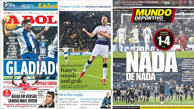 Some of Europe's leading football newspapers the day after the Champions League games. 
