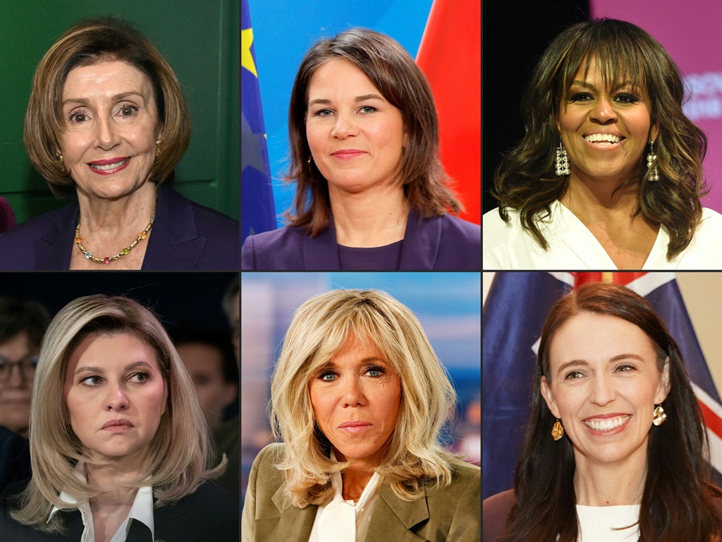 This combination of pictures created on March 22, 2023 shows
(FILES) US House Speaker Nancy Pelosi on September 15, 2022 in Berlin, Germany, German Foreign Minister Annalena Baerbock on February 28, 2023, in Berlin, Germany, former US first lady Michelle Obama in Los Angeles, on May 5, 2018, Ukraine's First Lady Olena Zelenska in Davos, on January 18, 2022, French President's wife and President of the Hospitals Foundation Brigitte Macron in Boulogne-Billancourt, outside Paris, on January 9, 2023, and New Zealand's Prime Minister Jacinda Ardern in Auckland, New Zealand, on November 30, 2022.