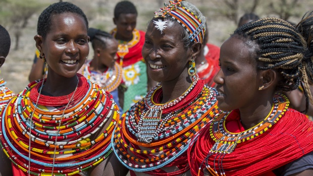 Samburu Tribe women in traditional clothing at a Samburu village in Kenya
