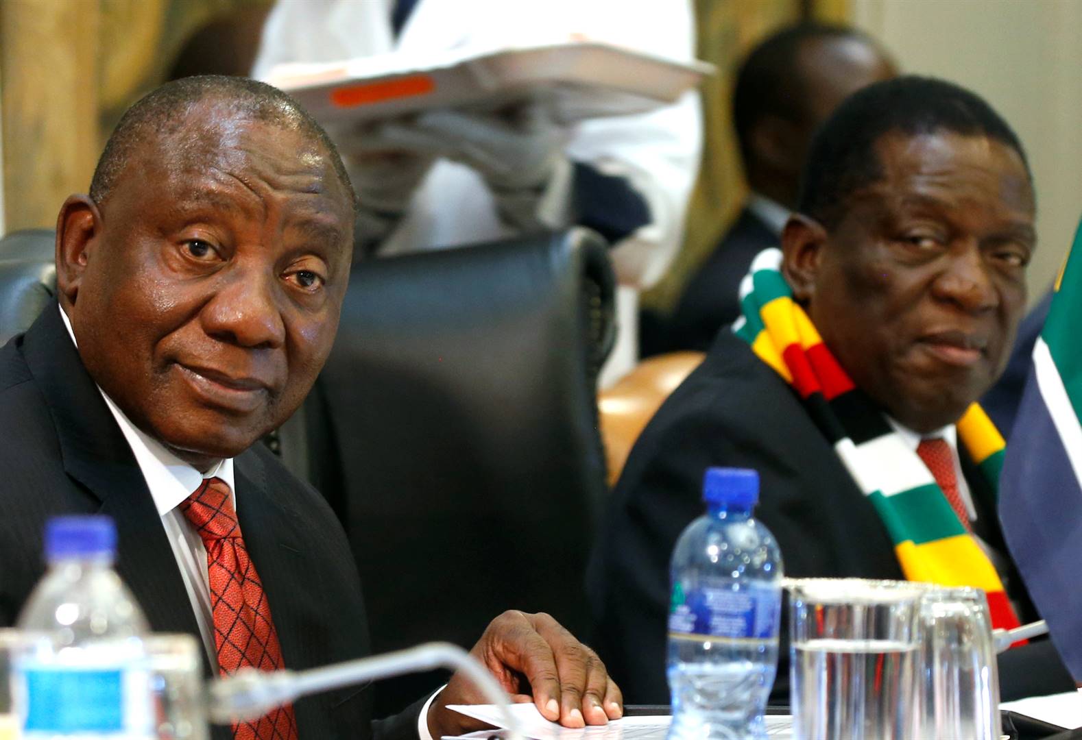 South Africa’s President Cyril Ramaphosa and Zimbabwe’s president Emmerson Mnangagwa arrive for bilateral talks in Harare, Zimbabwe, on Tuesday (March 12 2019). Picture: Philimon Bulawayo/Reuters
