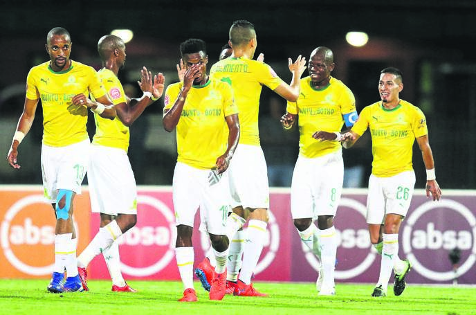 Mamelodi Sundowns’ players celebrate the second goal during the match against Maritzburg United at Harry Gwala Stadium last night. Photo by Anesh Debiky/Gallo Images