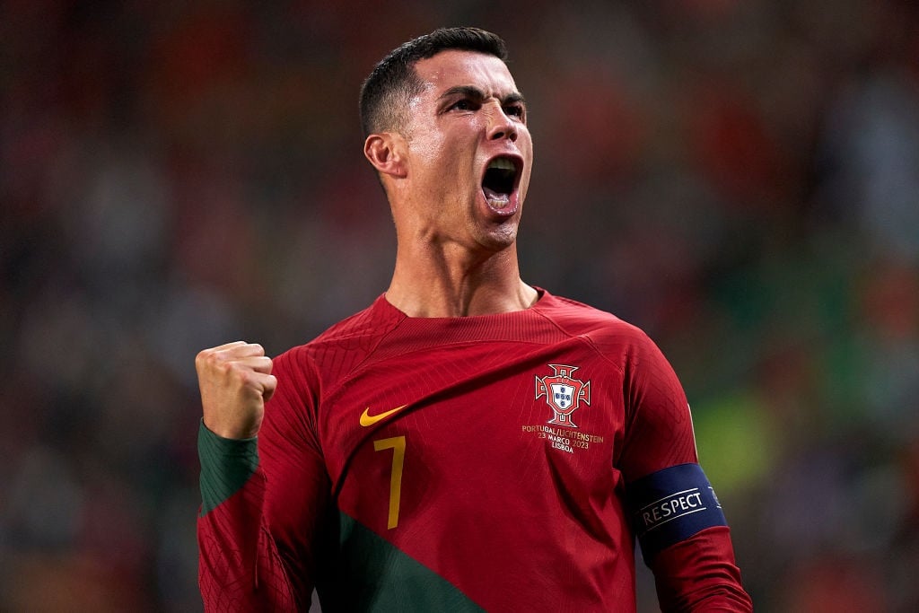 LISBON, PORTUGAL - MARCH 23:  Cristiano Ronaldo of Portugal celebrates after scoring his teams fourth goal during the UEFA EURO 2024 qualifying round group J match between Portugal and Liechtenstein at Estadio Jose Alvalade on March 23, 2023 in Lisbon, Portugal. (Photo by Jose Manuel Alvarez/Quality Sport Images/Getty Images)