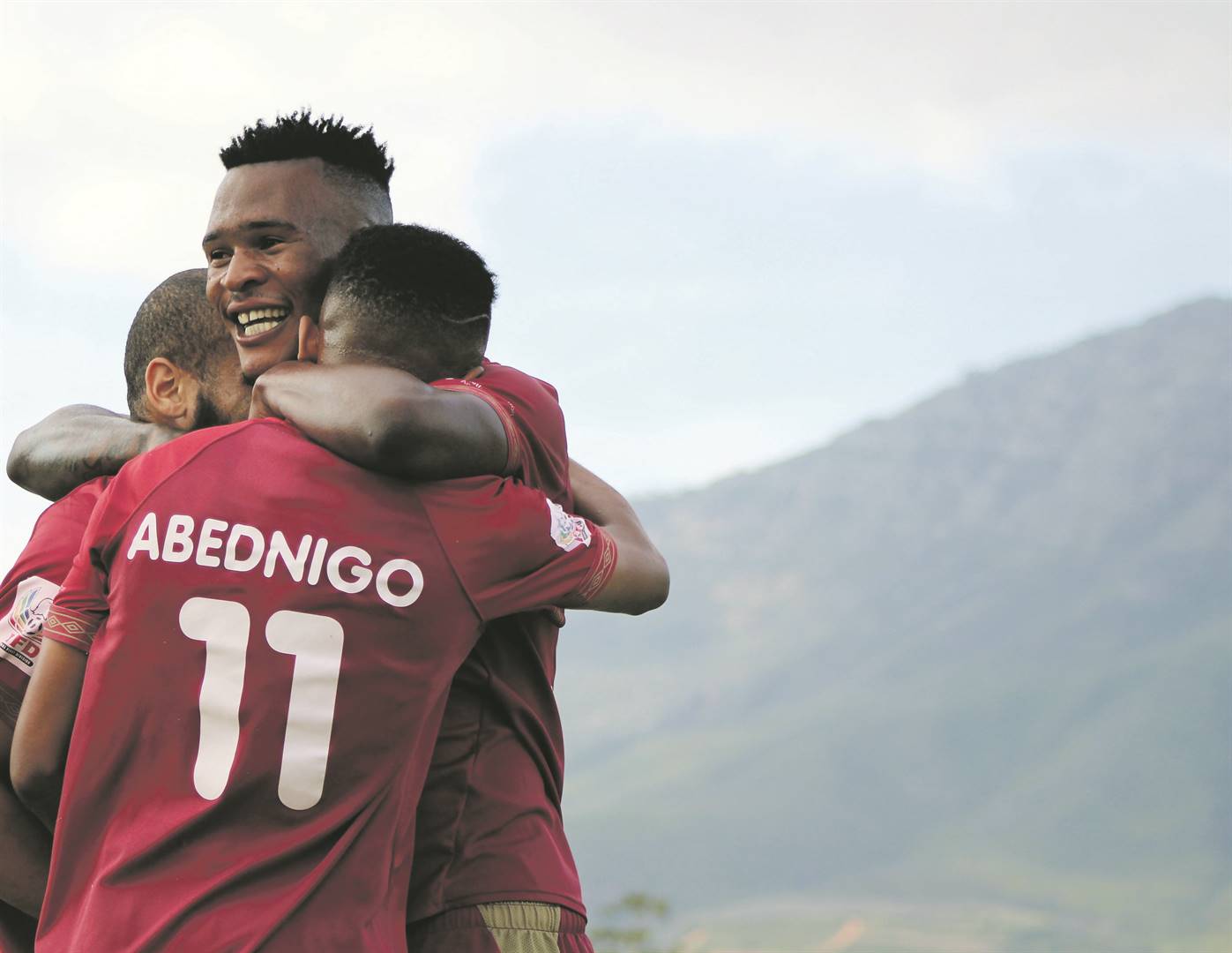 Nkanyiso Zungu (facing the camera) celebrates with his team-mates after one of NFD champions-elect Stellenbosch’s goals this season Picture: Eunice Visagie