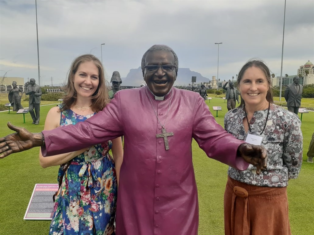 Cape Town artists Cristina Salvoldi and Tania Lee, who created the life-sized sculpture of Desmond Tutu.