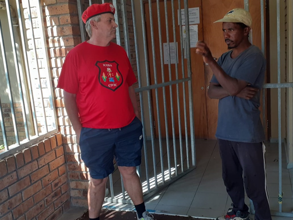 Independent Civic Organisation of South Africa (Icosa) leader Cornelius Jacobs and Nico Roman outside the Groot Brakrivier police station on 21 March.