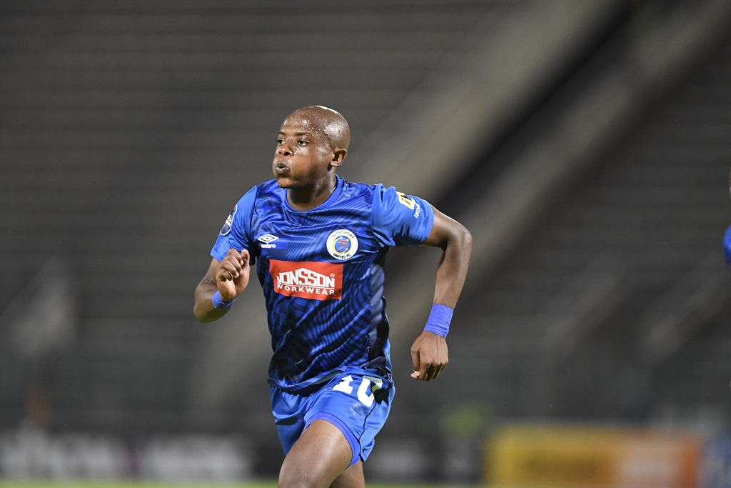 PRETORIA, SOUTH AFRICA - MARCH 05:  SuperSport United Zakhele Lepasa celebrates his brace during the DStv Premiership match between SuperSport United and Golden Arrows at Lucas Moripe Stadium on March 05, 2023 in Pretoria, South Africa. (Photo by Lefty Shivambu/Gallo Images)