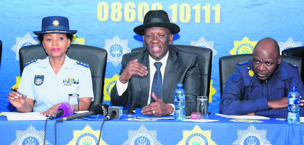 Human Resources Management’s Lieutenant-General Bonang Mgwenya, Police Minister Bheki Cele and National Police Commissioner Khehla Sitole briefed the media about police officers threatening to strike.Photo by Morapedi Mashashe