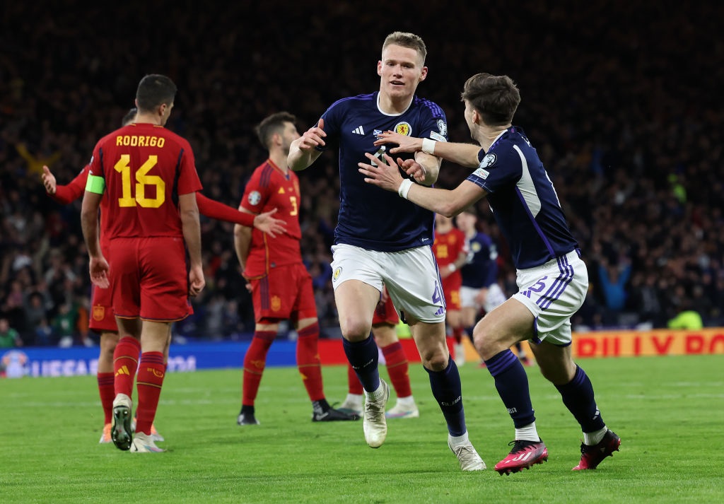 GLASGOW, SCOTLAND - MARCH 28: Scott McTominay of Scotland celebrates scoring his second goal  during the UEFA EURO 2024 qualifying round group A match between Scotland and Spain at Hampden Park on March 28, 2023 in Glasgow, Scotland. (Photo by Ian MacNicol/Getty Images)