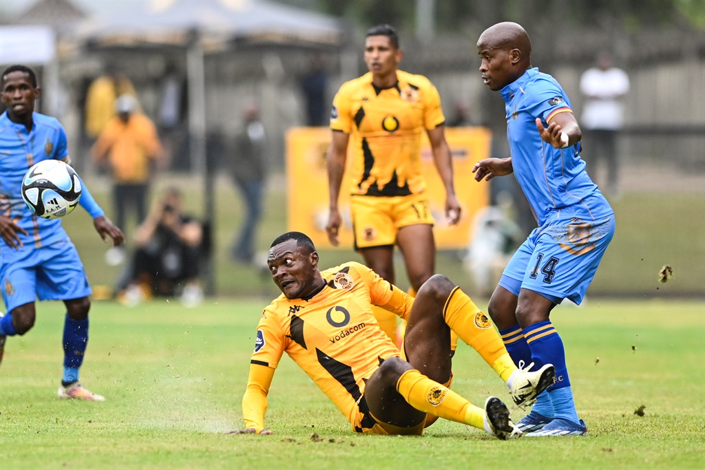 PIETERMARITZBURG, SOUTH AFRICA - FEBRUARY 18: Christian Saile of Kaizer Chiefs and Thabo Matlaba of Royal AM during the DStv Premiership match between Royal AM and Kaizer Chiefs at Harry Gwala Stadium on February 18, 2024 in Pietermaritzburg, South Africa. (Photo by Darren Stewart/Gallo Images)