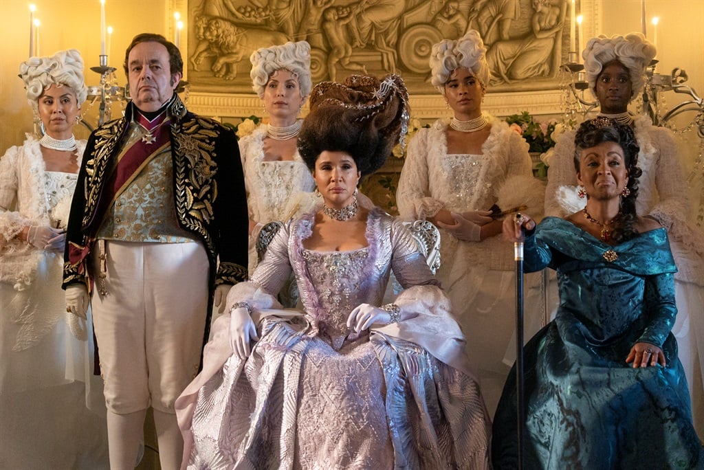 Bridgerton's Hugh Sachs as Brimsley, Golda Rosheuvel as Queen Charlotte and Adjoa Andoh as Lady Agatha Danbury