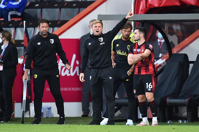 Eddie Howe, Manager of AFC Bournemouth  gives his team instructions  during the Premier League match between AFC Bournemouth and Leicester City at Vitality Stadium on July 12, 2020 in Bournemouth, England. Football Stadiums around Europe remain empty due to the Coronavirus Pandemic as Government social distancing laws prohibit fans inside venues resulting in all fixtures being played behind closed doors.