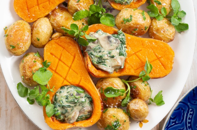 all-in-one side dish_ roast potatoes & spinach-stuffed butternut