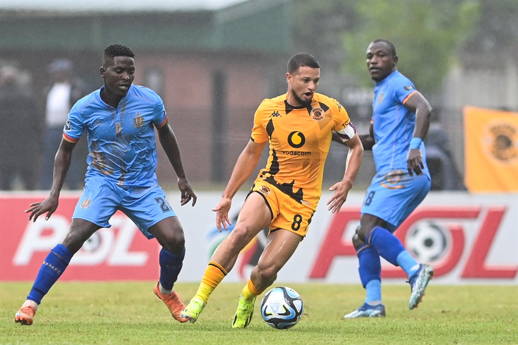 PIETERMARITZBURG, SOUTH AFRICA - FEBRUARY 18: Yusuf Maart of Kaizer Chiefs and Sibusiso Magaqa of Royal AM  during the DStv Premiership match between Royal AM and Kaizer Chiefs at Harry Gwala Stadium on February 18, 2024 in Pietermaritzburg, South Africa. (Photo by Darren Stewart/Gallo Images)