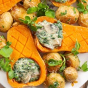 All-in-one side dish: roast potatoes & spinach-stuffed butternut