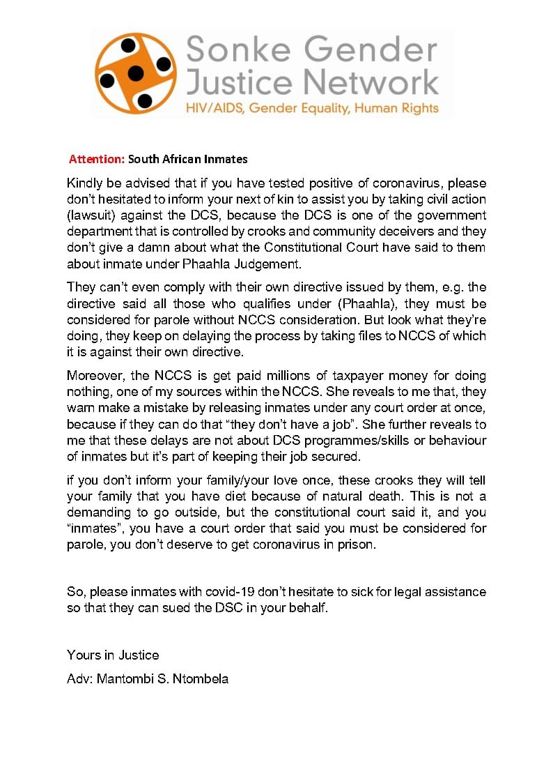 FAKE NEWS Sonke Distances Itself From letter Telling Inmates To Sue 