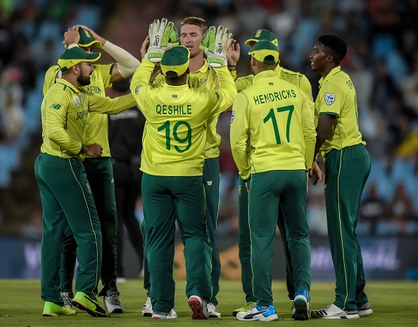 South Africas Sinethemba Qeshile celebrates during the second Twenty20 international (T20I) cricket match between South Africa and Sri Lanka at SuperSport Park Stadium, on March 22, 2019, 