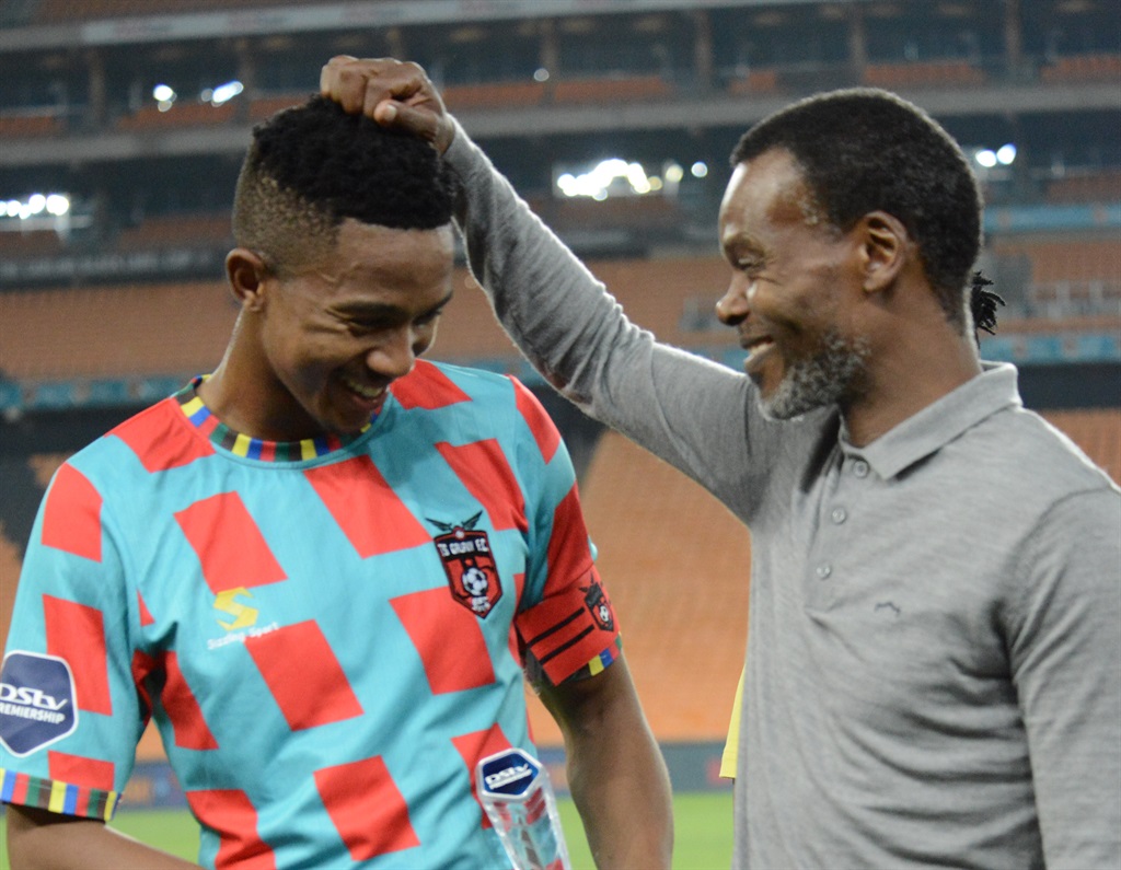 TS Galaxy's Given Msimango and Kazier Chiefs coach Arthur Zwane