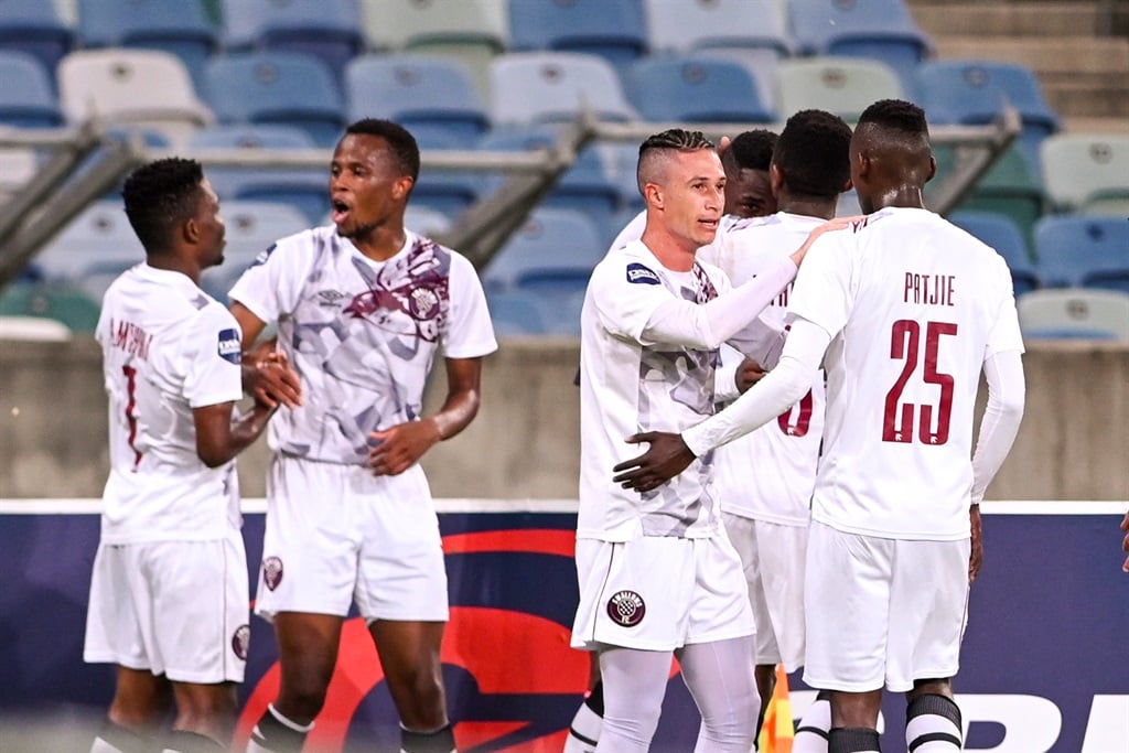 DURBAN, SOUTH AFRICA - APRIL 01: Swallows celebrate scoring during the DStv Premiership match between AmaZulu FC and Swallows FC at Moses Mabhida Stadium on April 01, 2023 in Durban, South Africa. (Photo by Darren Stewart/Gallo Images),