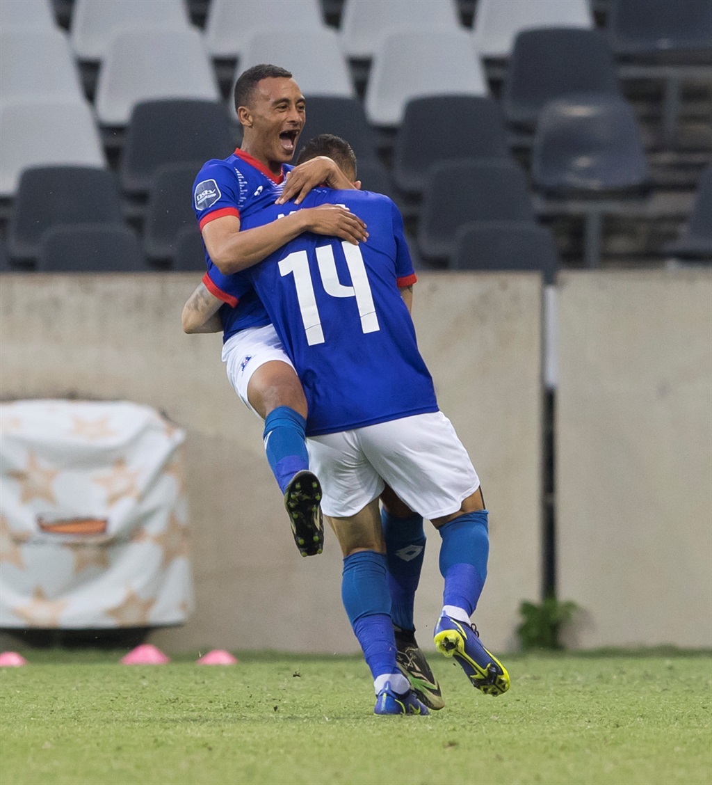 NELSPRUIT, SOUTH AFRICA - APRIL 02: Brandon Theron and Jose Meza of Maritzburg United during the DStv Premiership match between TS Galaxy and Maritzburg United at Mbombela Stadium on April 02, 2023 in Nelspruit, South Africa. (Photo by Dirk Kotze/Gallo Images)