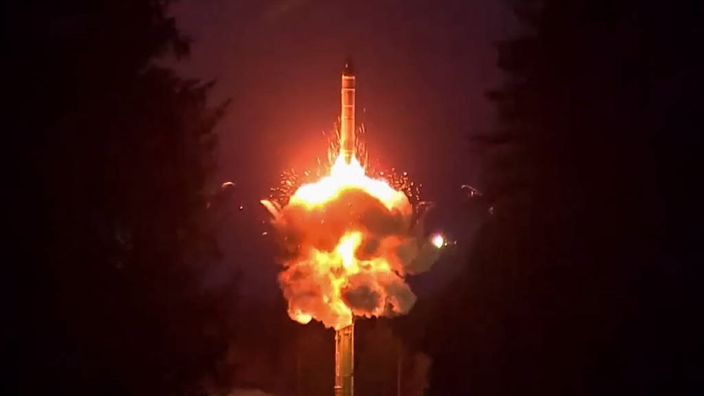 This video grab from a handout footage released by the Russian Defence Ministry press service shows the firing of a Yars intercontinental ballistic missile from the Plesetsk cosmodrome in the Russian north during a training exercise of the forces and equipment of ground, sea and air components of nuclear deterrent forces. (Handout/Russian Defence Ministry/AFP)