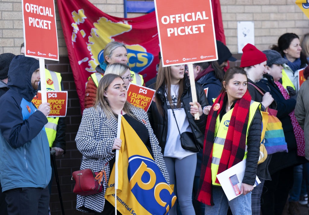Members of the PCS union on the picket line outside the Passport Office in Glasgow on Monday April 3, 2023. 