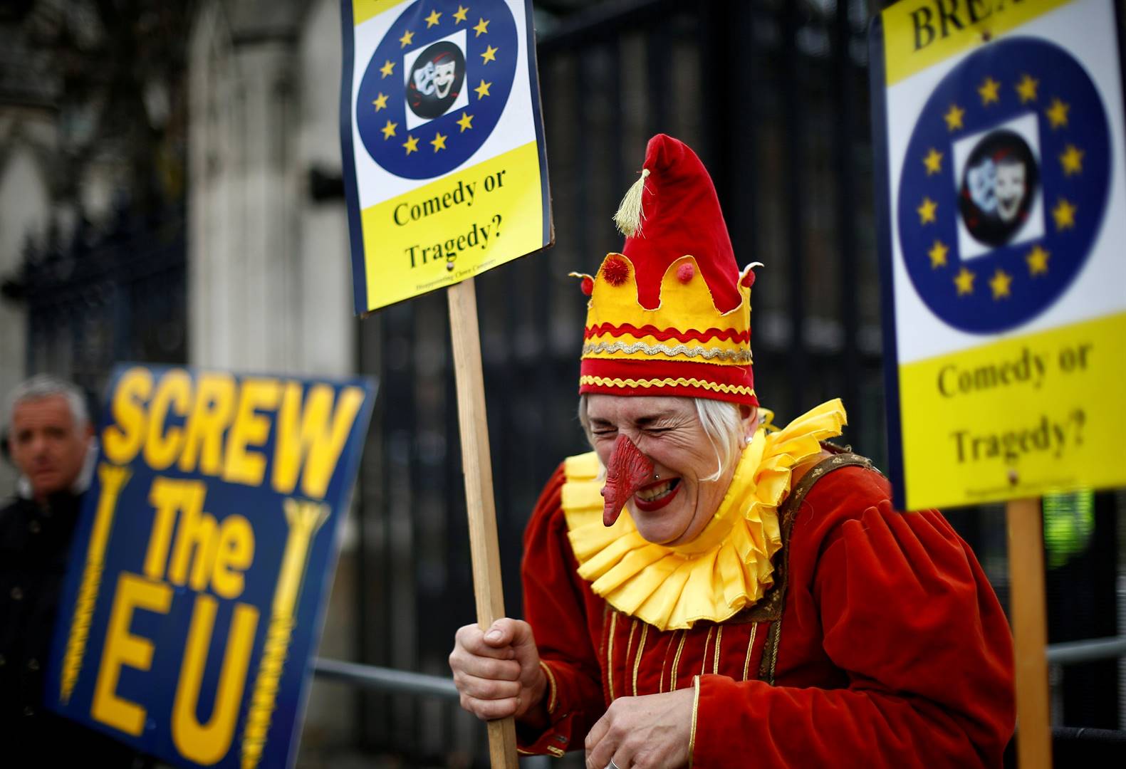 An anti-Brexit protester reacts next to a pro-Brexit protester in London on Wednesday (March 27 2019). Picture: Henry Nicholls/Reuters