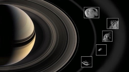 This NASA image shows how during super-close flybys of Saturn's rings – the rings and the moons depicted in this illustration are not to scale. (Handout, NASA-JPL, Caltech, AFP)