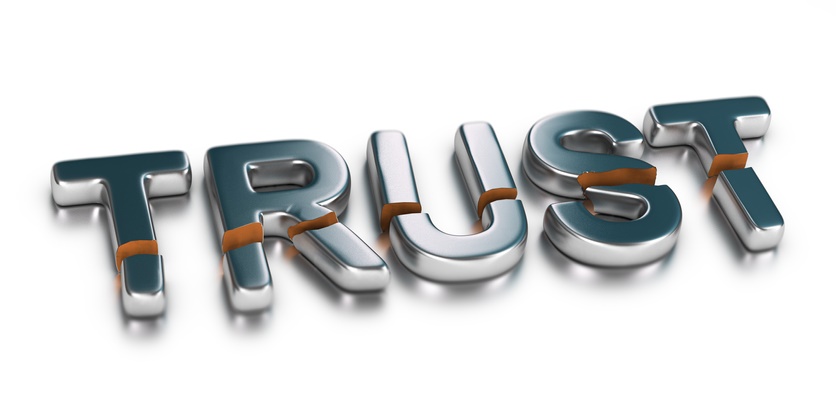 3D illustration of the word trust broken in two pa