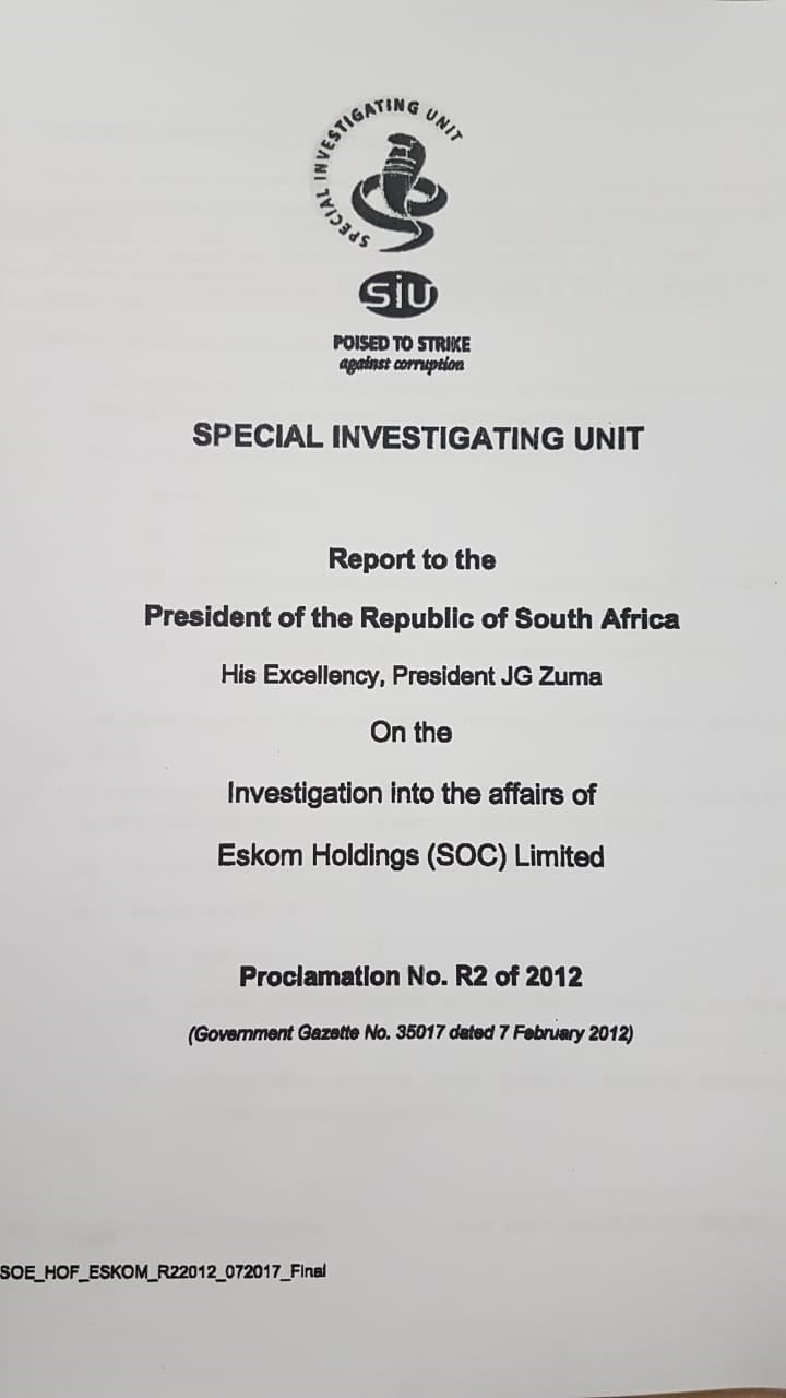 The front page of the final SIU report, which was handed to Jacob Zuma in 2017.