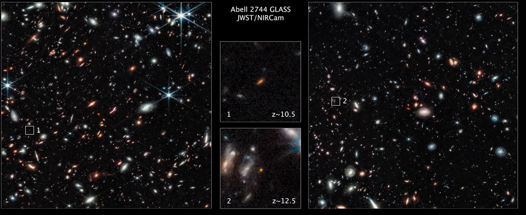 Two of the farthest galaxies seen to date of the outer regions of the giant galaxy cluster Abell 2744, captured by NASA's James Webb telescope. 