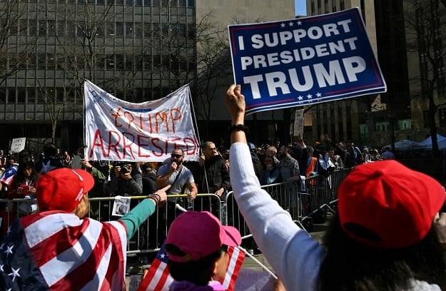 Supporters of former US president Donald Trump in New York ahead of Trump's court case. 