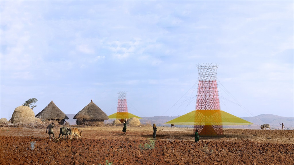 The Warka Tower, inspired by the surrounding natural environment, is made from bamboo, polyester mesh, polyester cable and hemp rope.