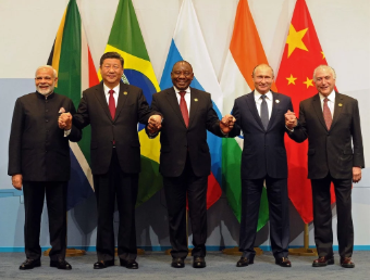 Members of the major emerging national economies group BRICS, with, from left, Prime Minister Narendra Modi, China's president Xi Jinping, South African president Cyril Ramaphosa, Russia's president Vladimir Putin, and Brazil's president Michel Temer at the BRICS summit in Johannesburg. Picture: AP