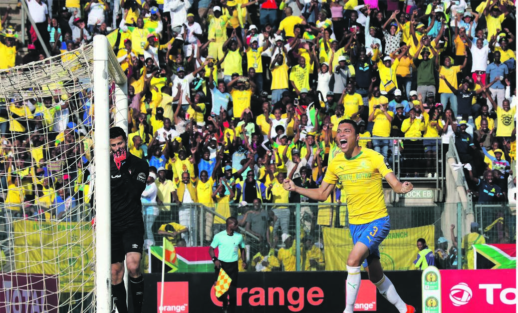 IT'S OVER Ricardo  Nascimento of Sundowns shows his delight after scoring past Mohamed El-Shenawy of Al Ahly from a penalty at Lucas Moripe Stadium in Atteridgeville yesterday. Picture: Gavin Barker / BackpagePix 